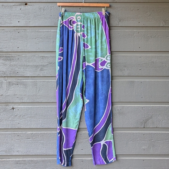 Indonesian Rain Resortwear Flowy Pants Size Small Blue Purple Green Black - Picture 6 of 6